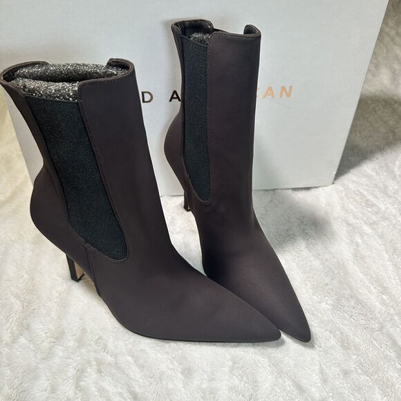 GOOD AMERICAN Size 9.5 Neoprene Chocolate Brown Satin High Heel Bootie Sleek NEW - Picture 2 of 6